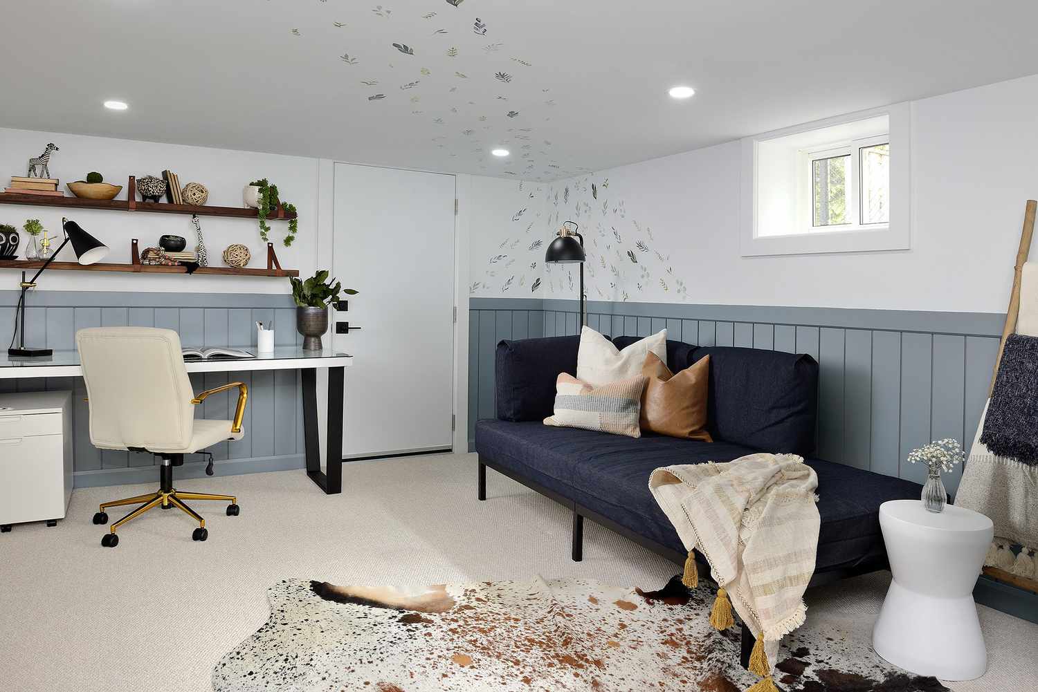 Filing cabinet under a desk in a basement home office