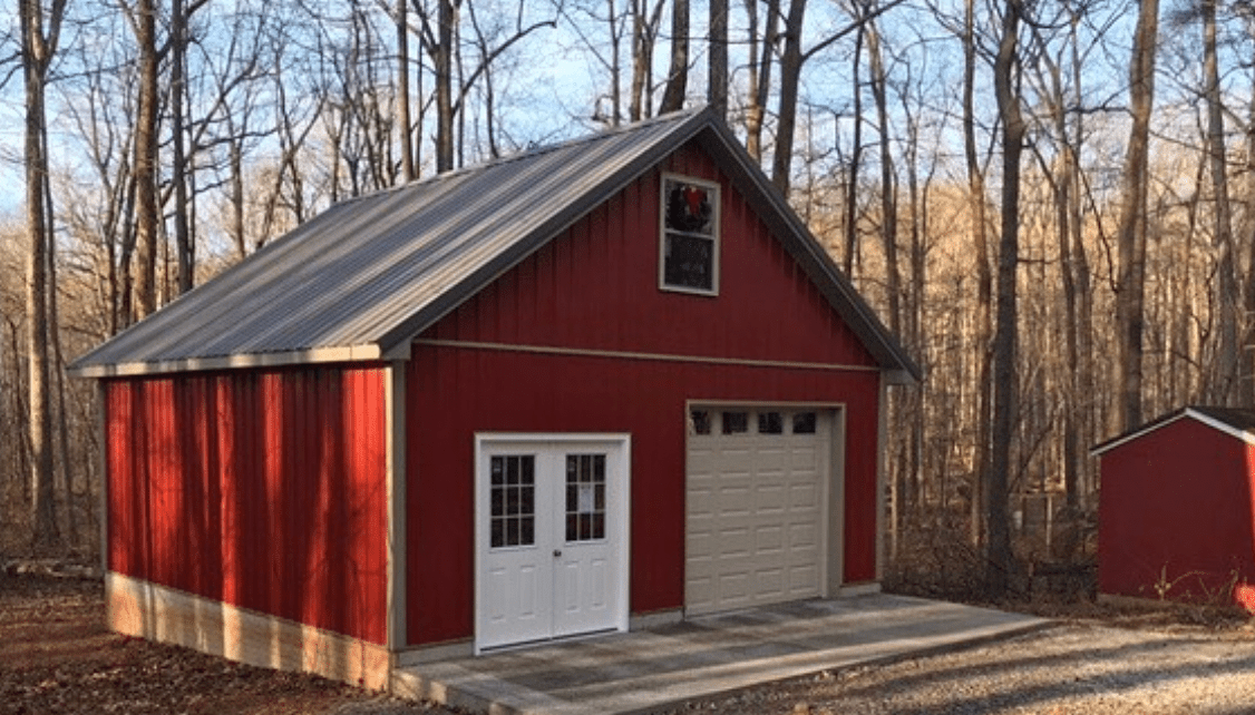 red farm style garage