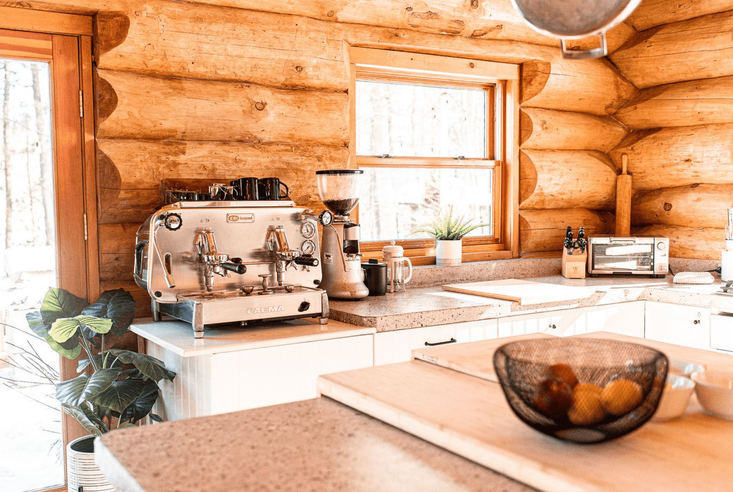 Coffee area in log cabin