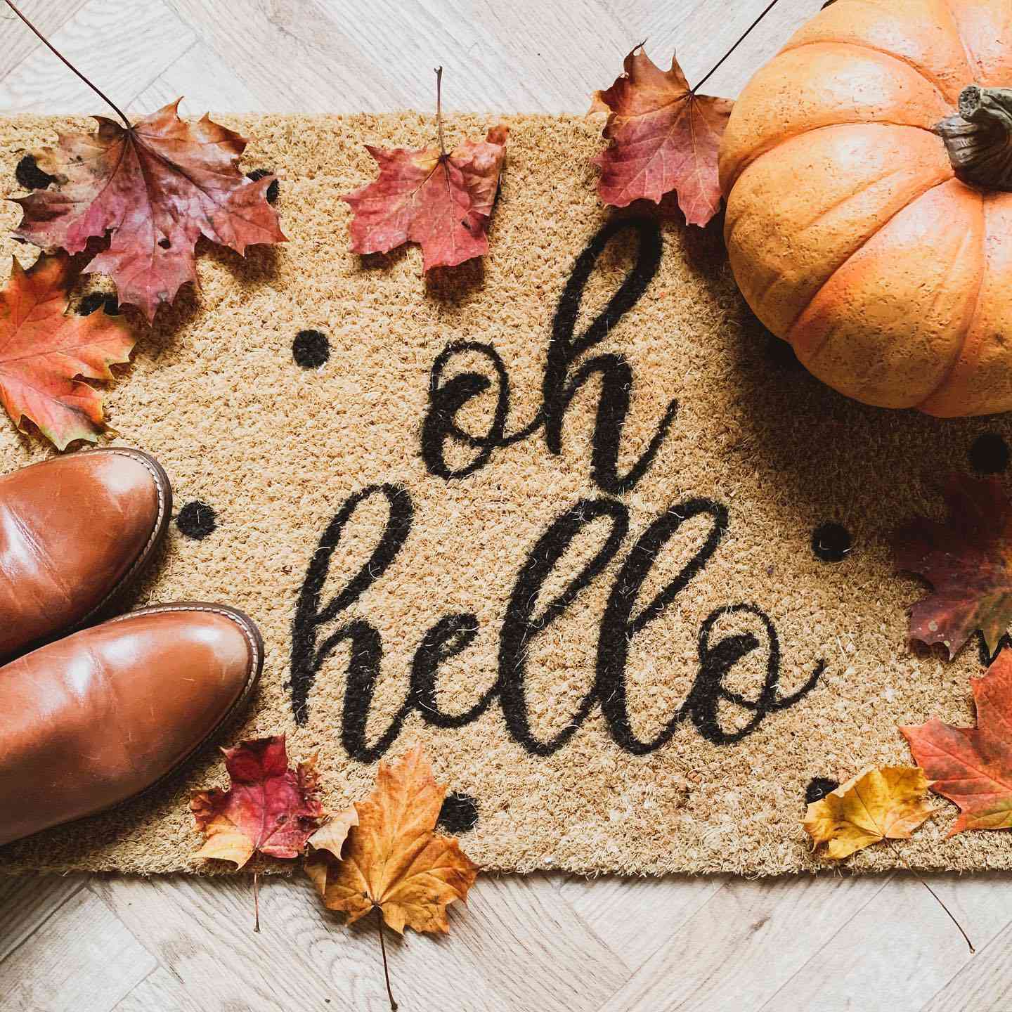 oh hello doormat with leaves and pumpkin