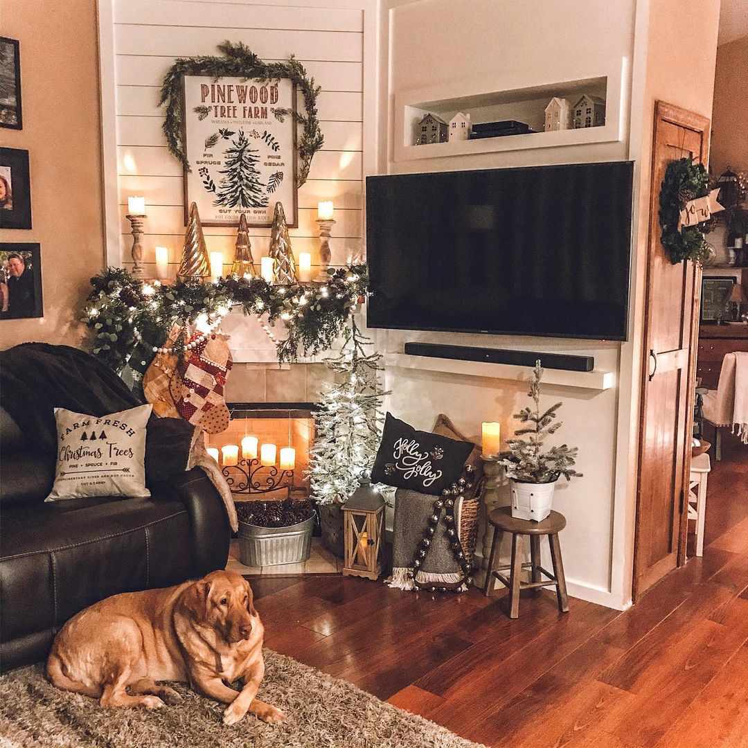 holiday decorated corner fireplace