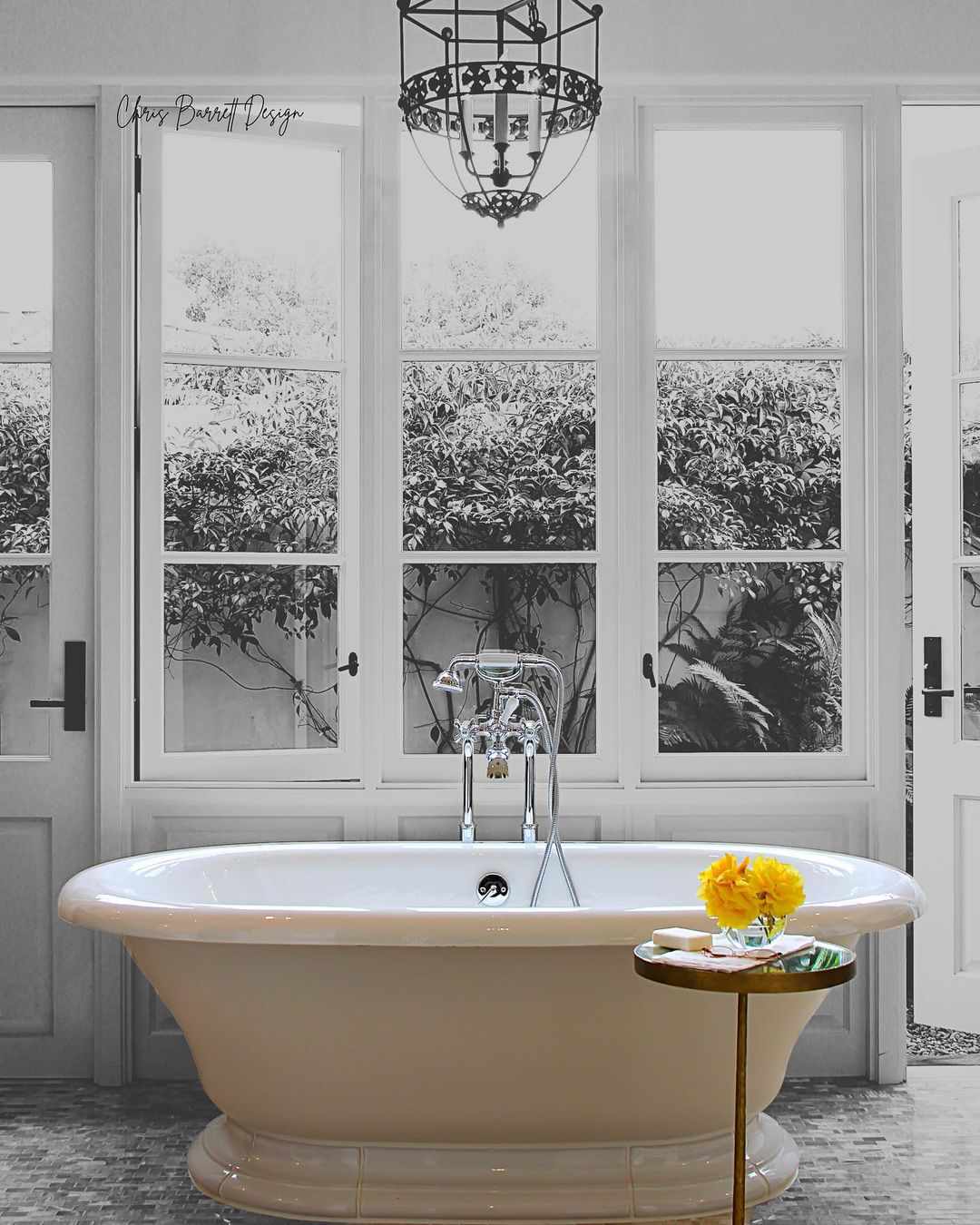 Tub In Front of French Doors Leading to Garden