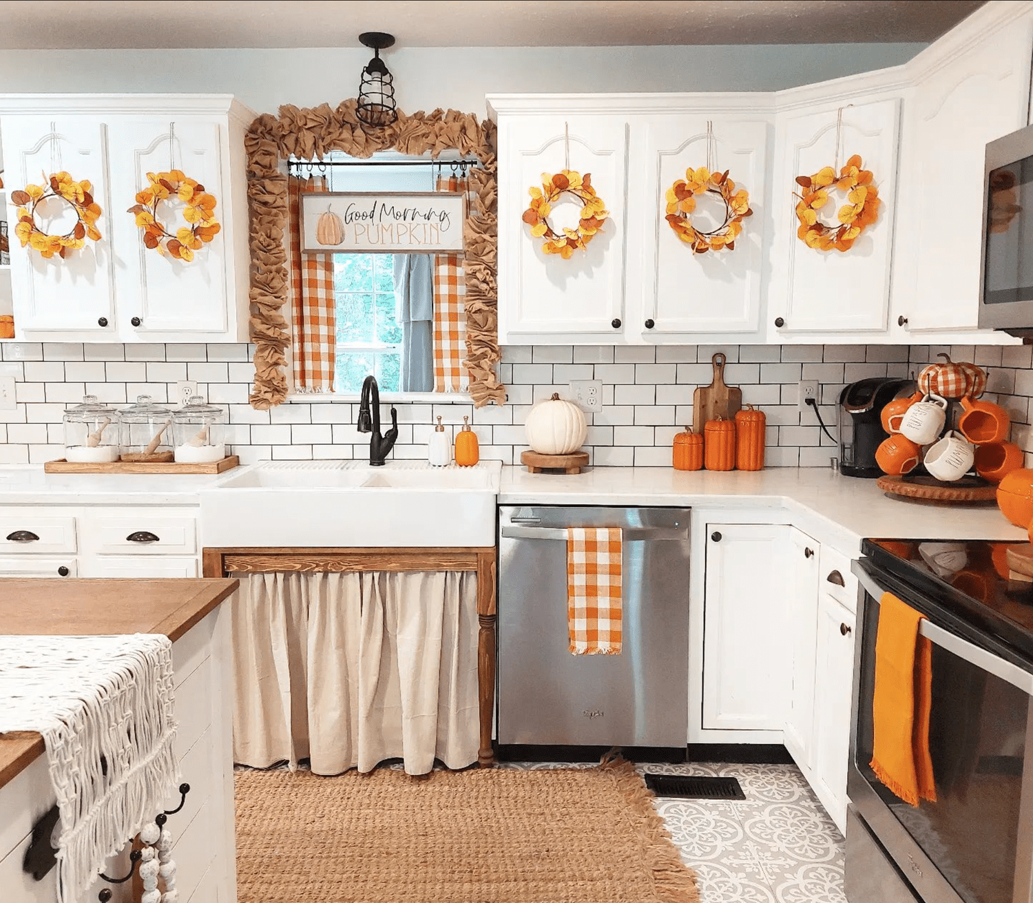 fall wreaths on kitchen cabinets