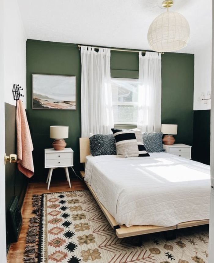 Olive green and dusty pink bedroom decor.