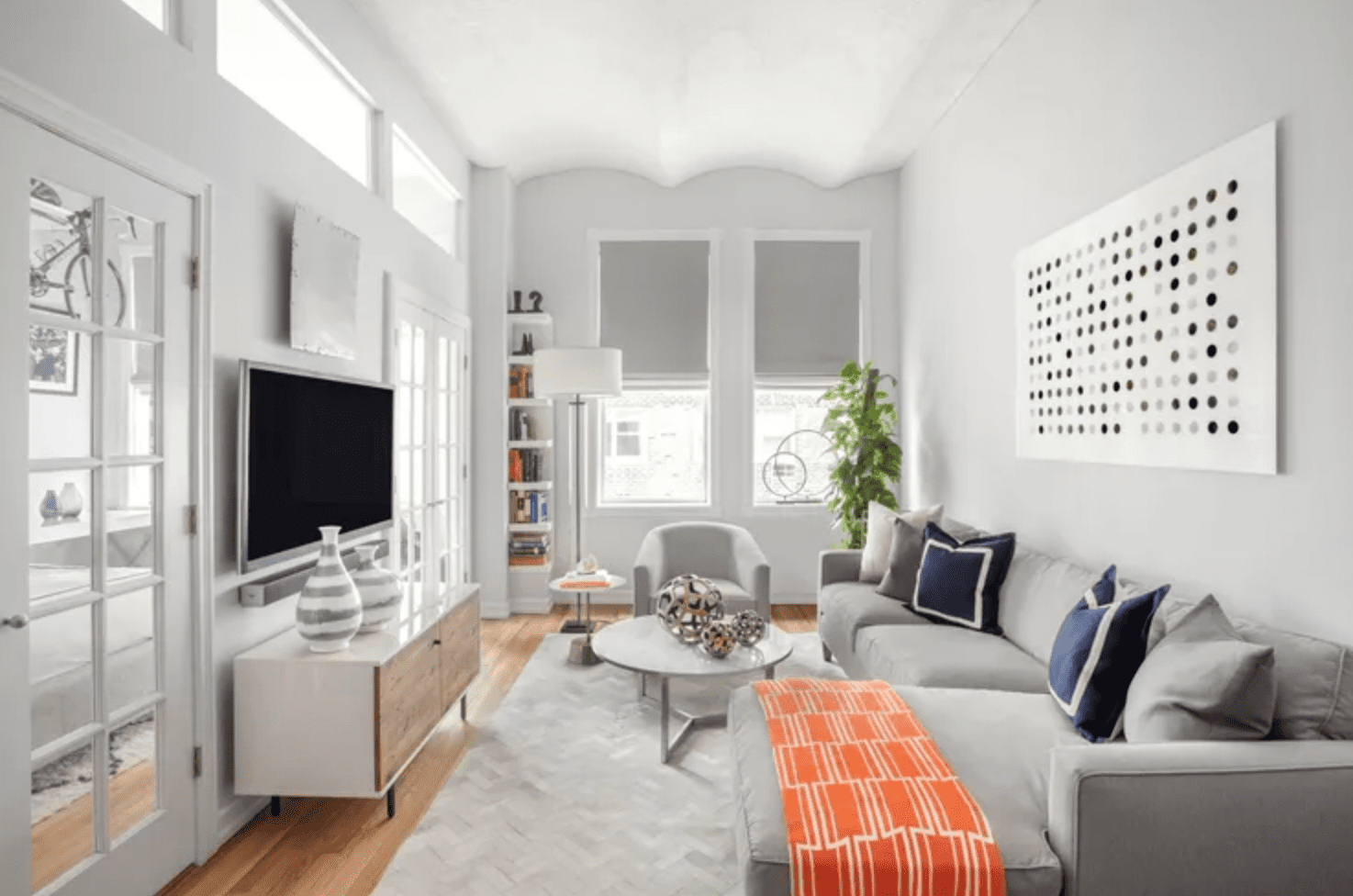 modern cool grey walls with navy and orange
