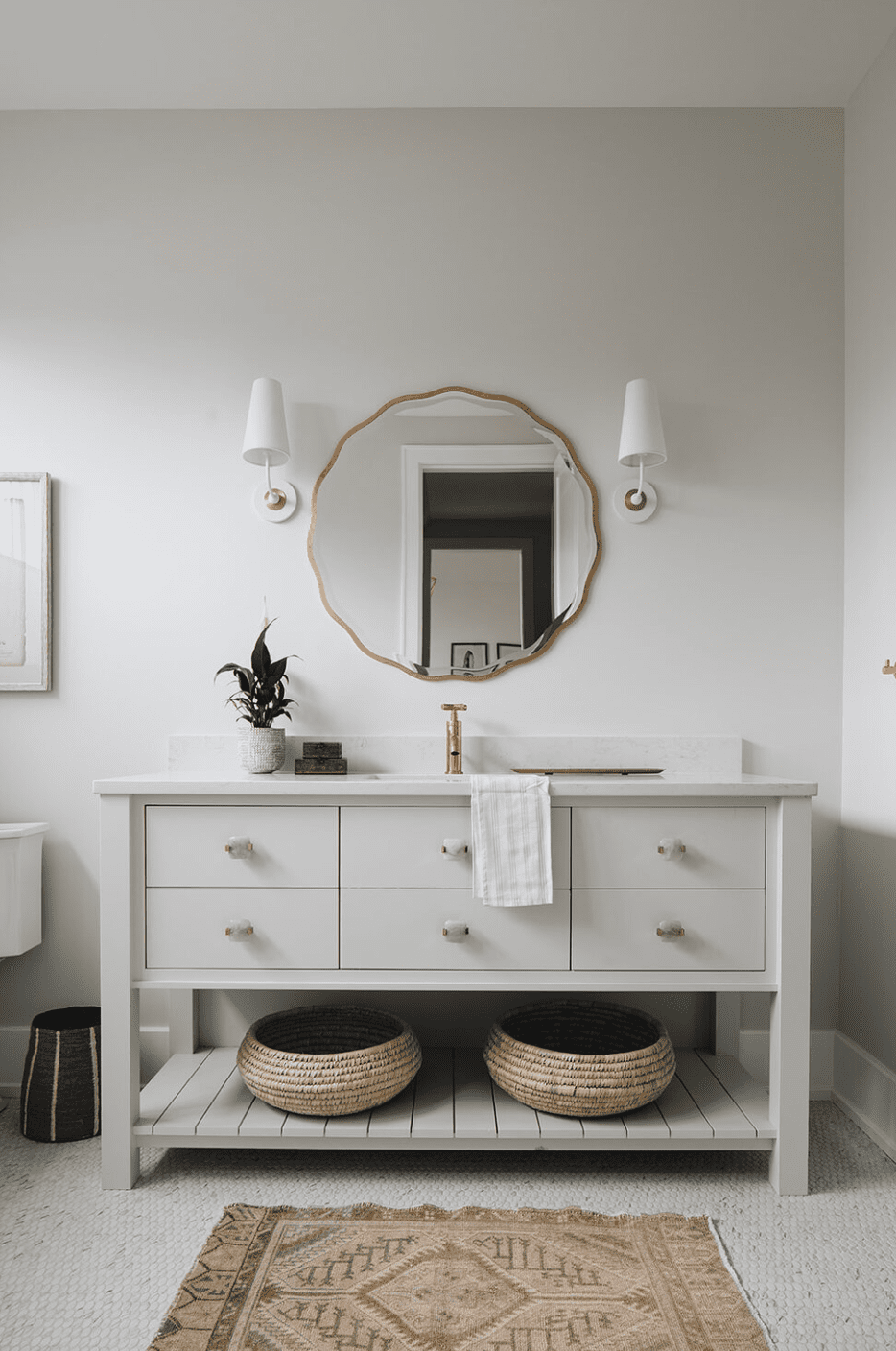 salle de bain grise avec meuble gris et tapis vintage terracotta