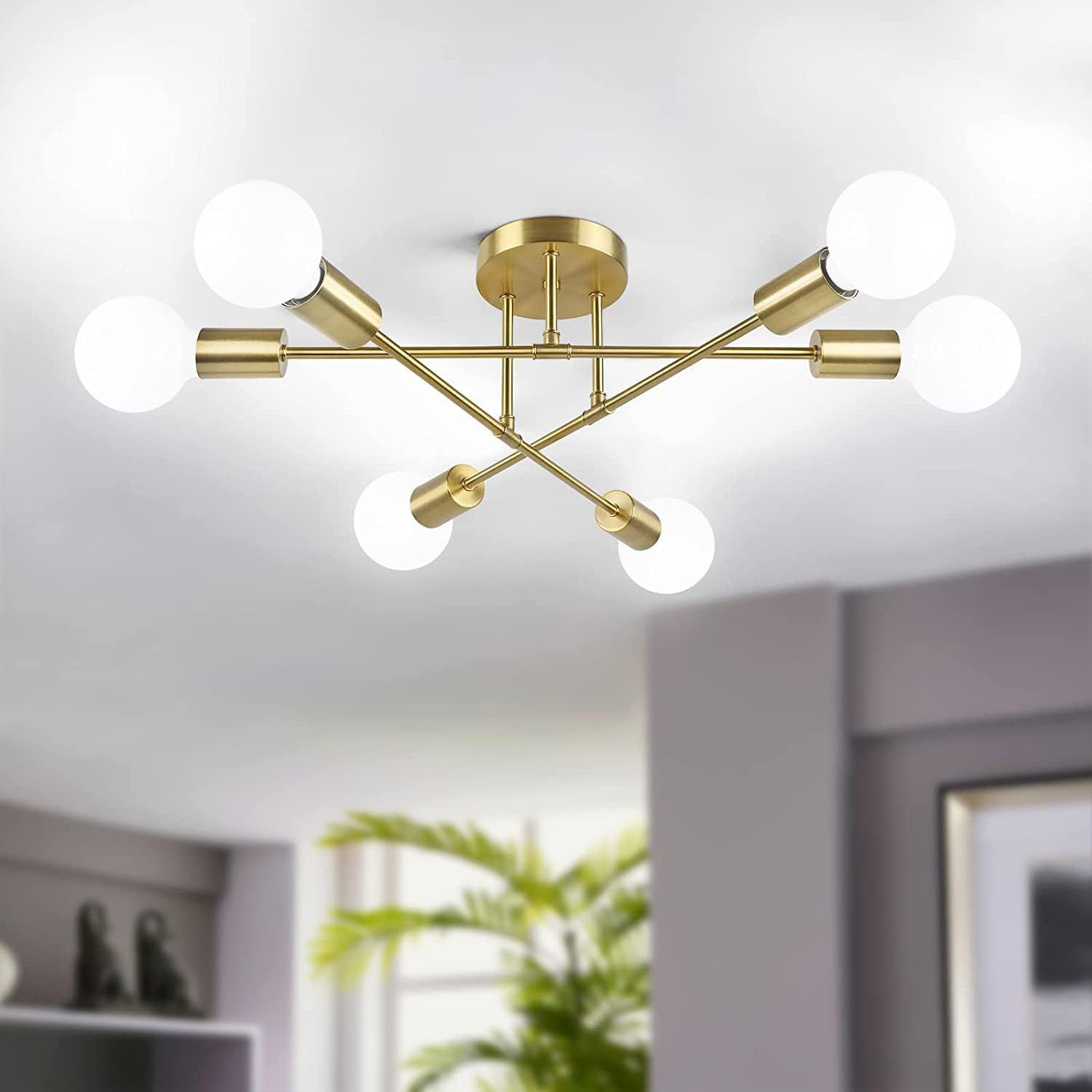 Moderner Sputnik-Kronleuchter 6-Light Gold Semi Flush Mount Ceiling