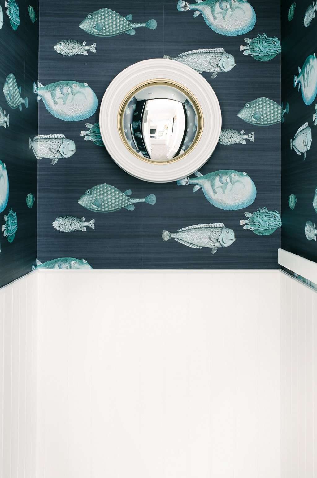 Papier peint poisson au-dessus d'une planche de bois avec un miroir rond accroché dessus