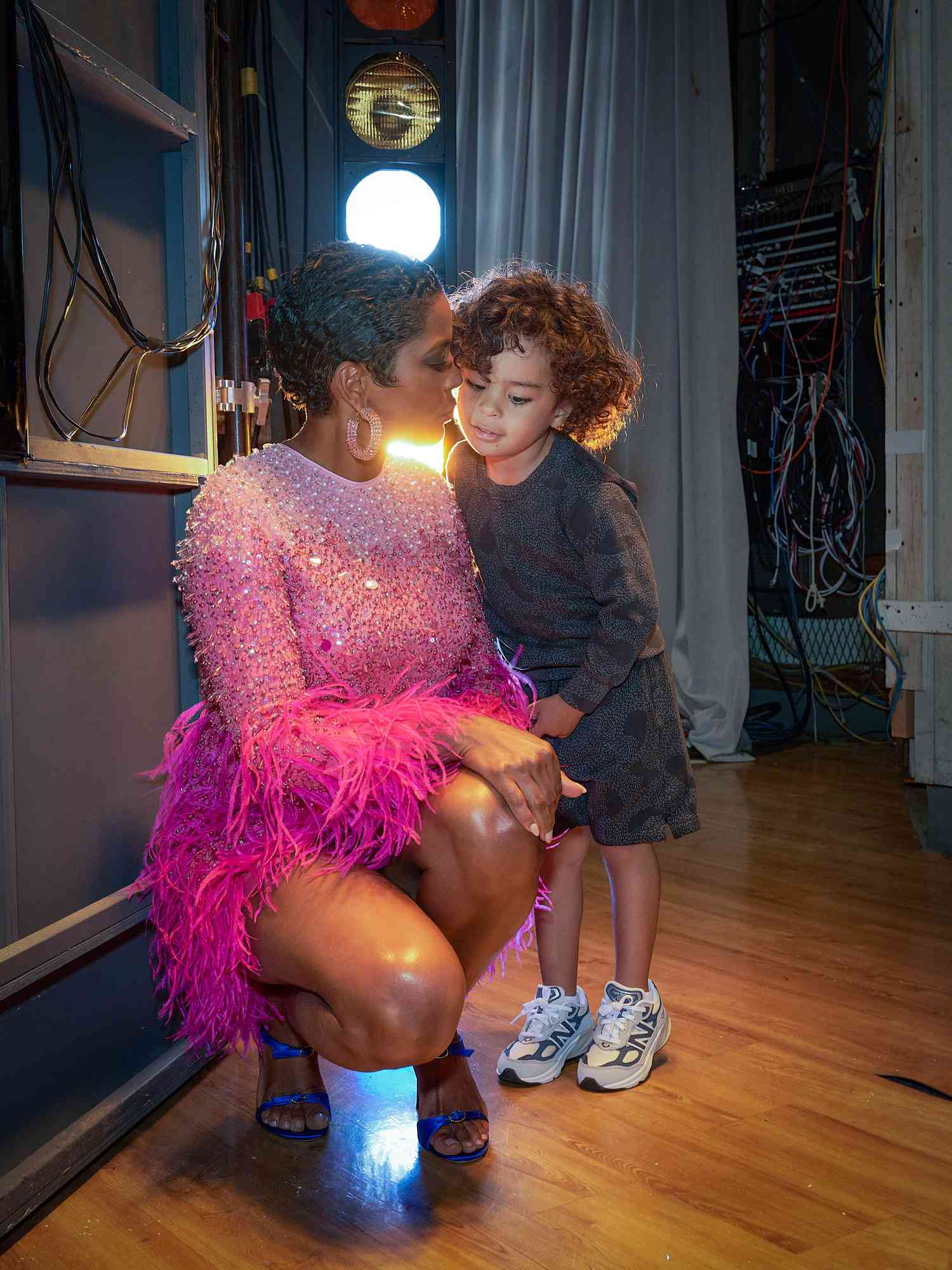 Tamron Hall with her son Moses on set
