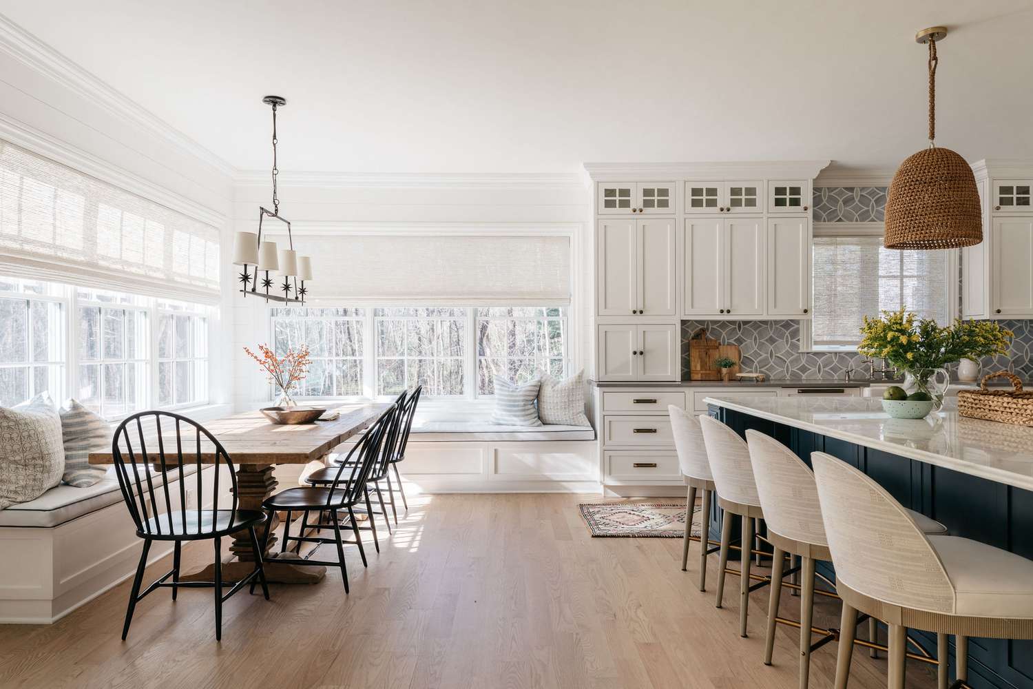 open kitchen divided by light fixtures