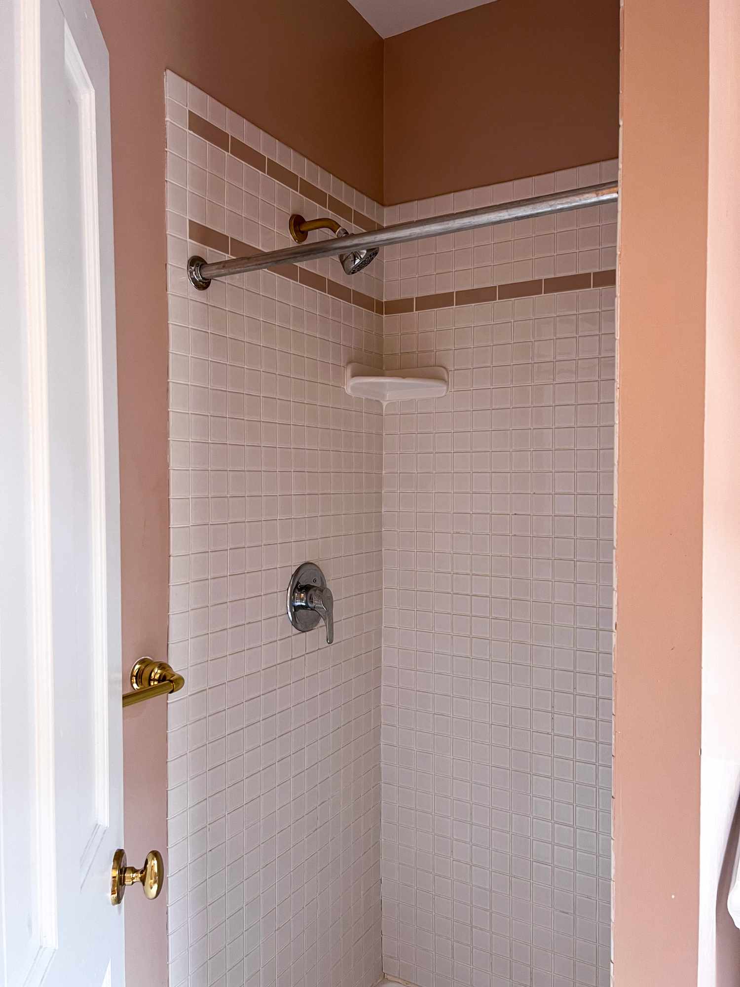 Salle de bain rose avec carrelage mauve