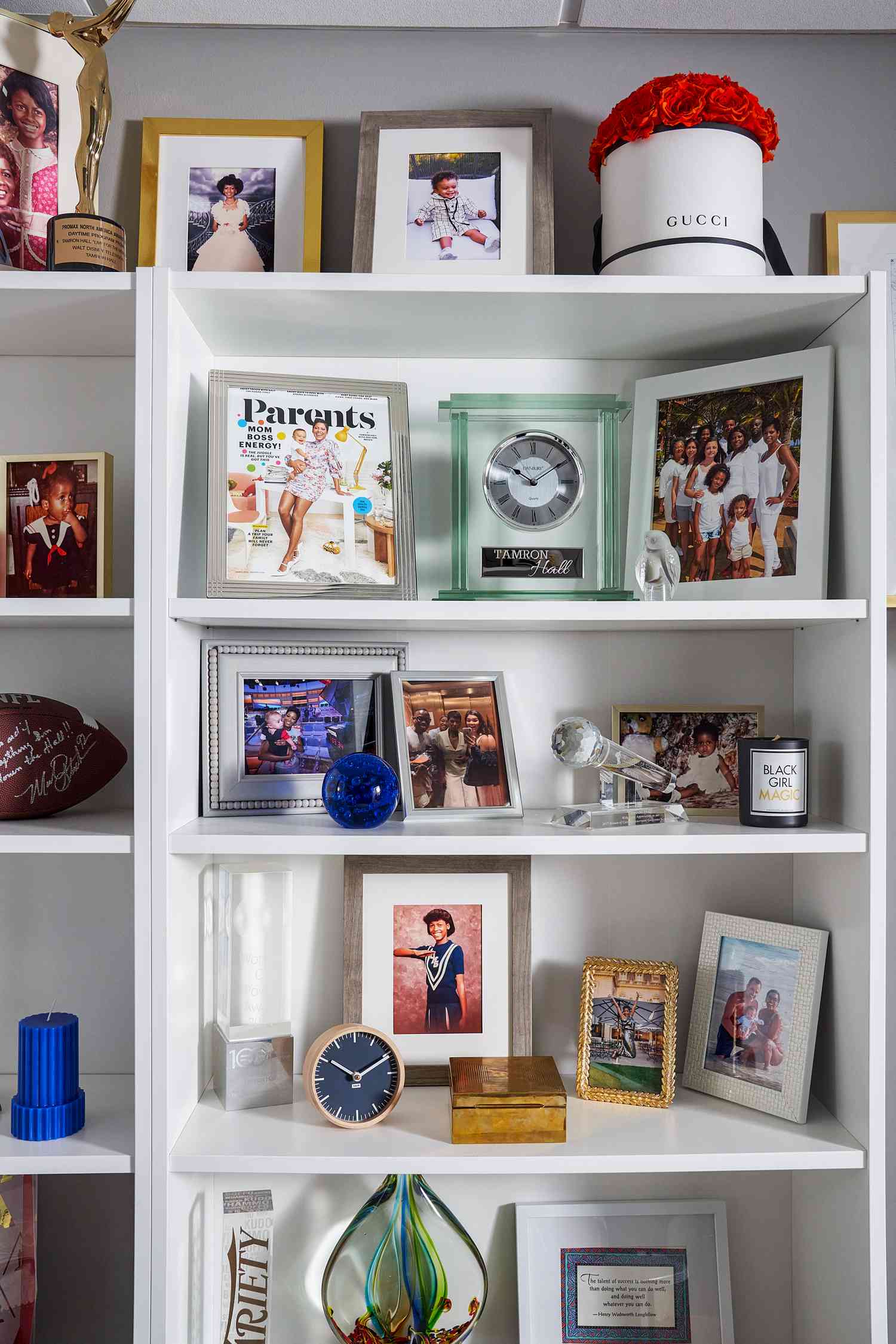 Tamron Hall's dressing room shelves with photos