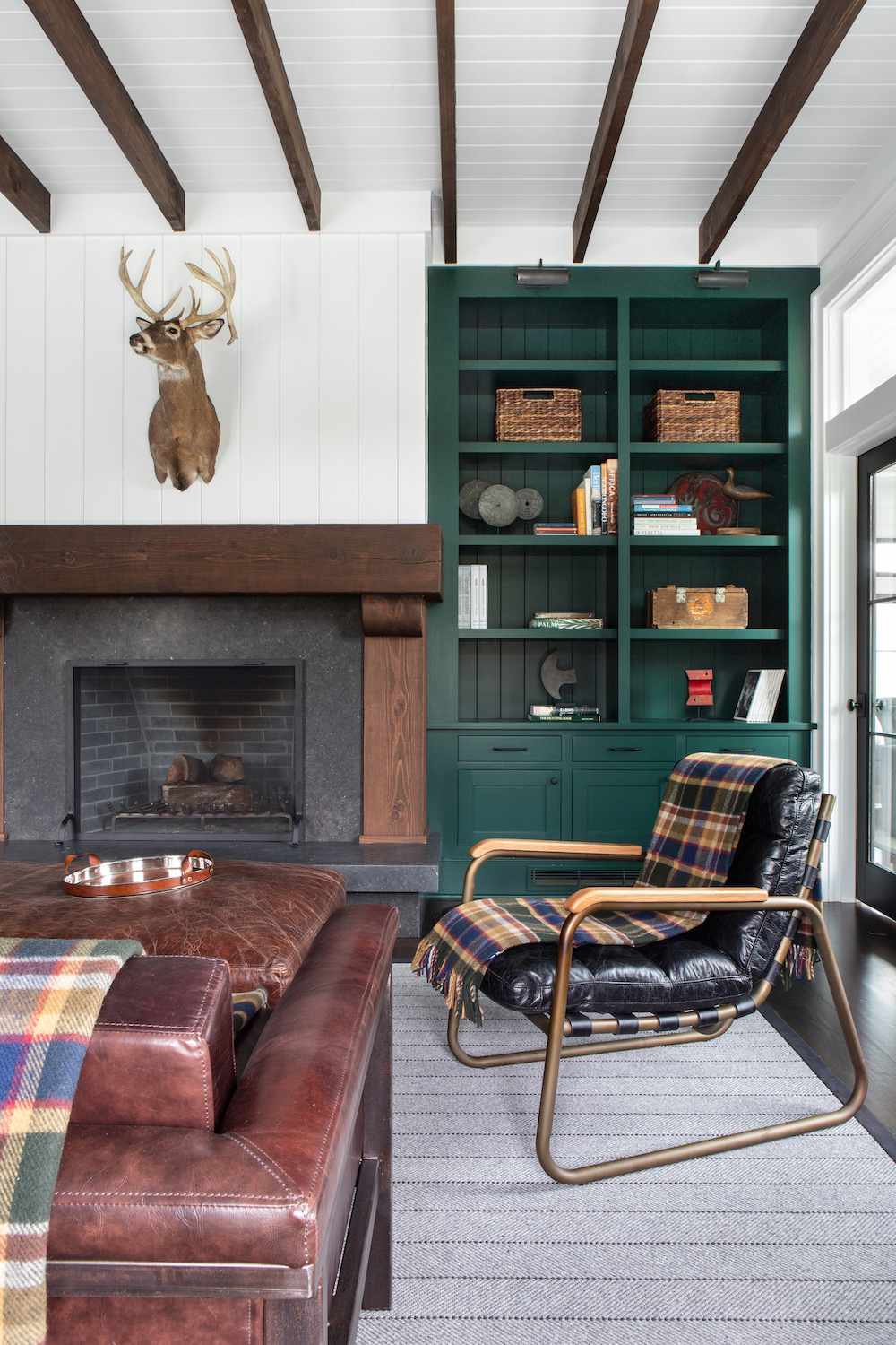 shiplap fireplace with trophy head