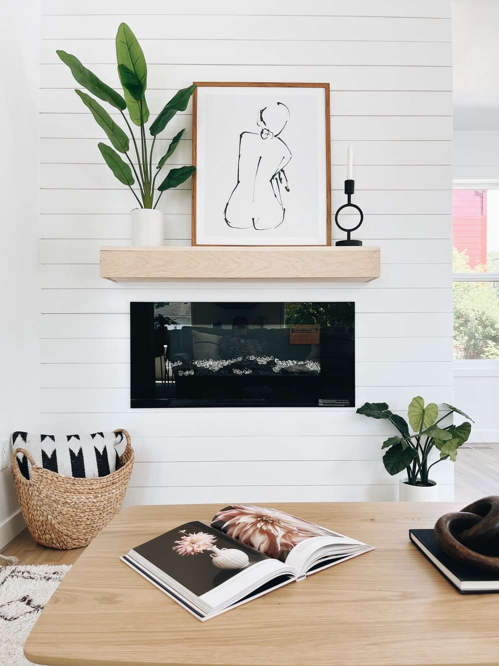 modern white shiplap fireplace