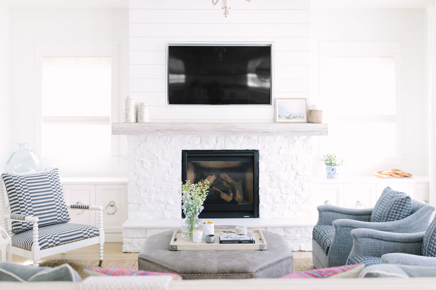 shiplap and stone fireplace