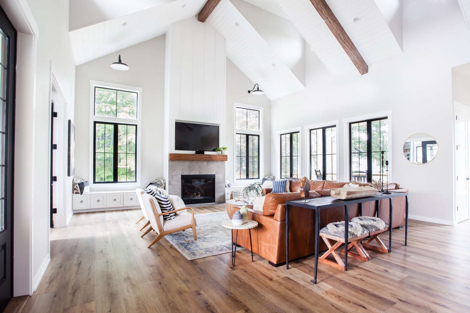 shiplap fireplace in a modern farmhouse living room