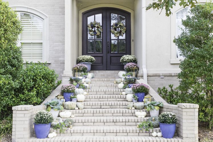 purple and white flower pots on steps