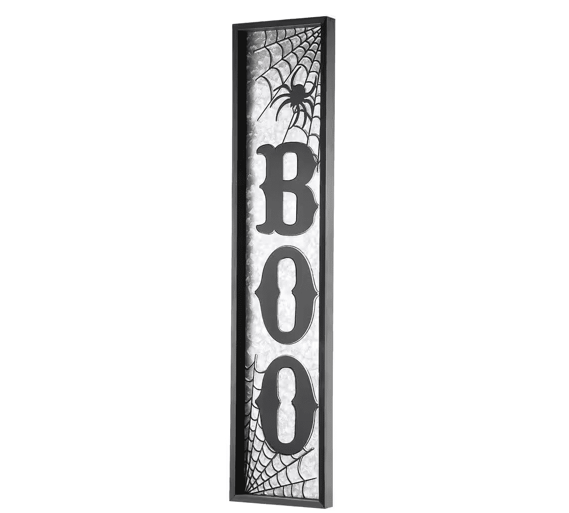 Boo metal home decor sign for halloween.