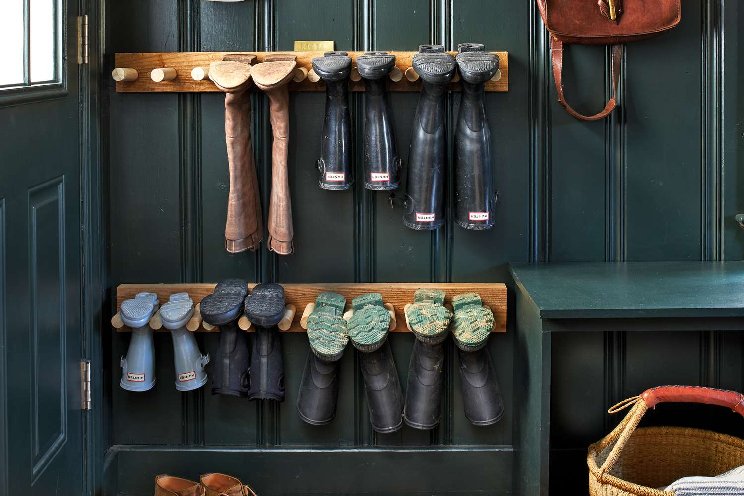 Forest green mud room boot storage