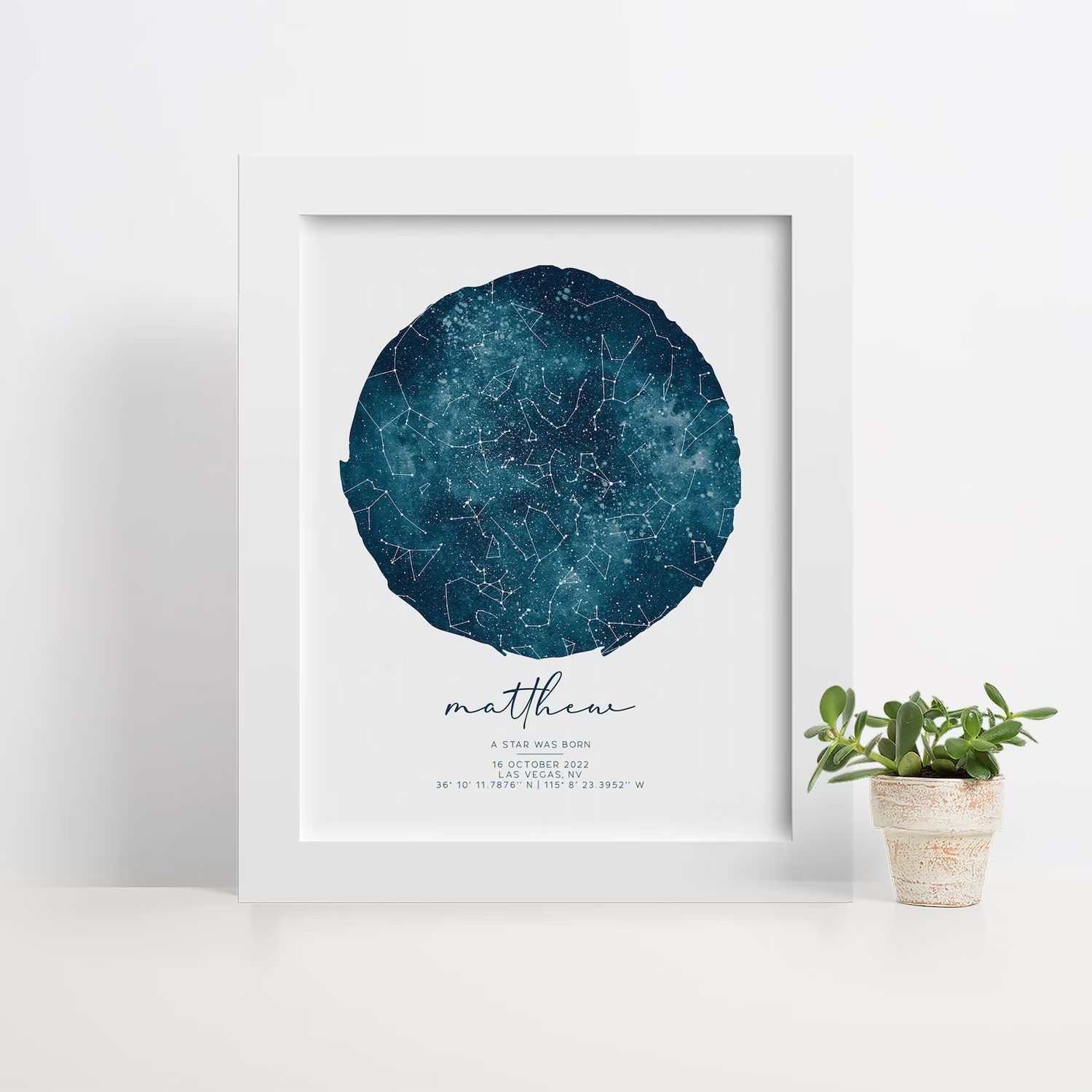 Individuelle Sternenkarte, Aquarell-Nachthimmel, personalisierte Sternbildkarte