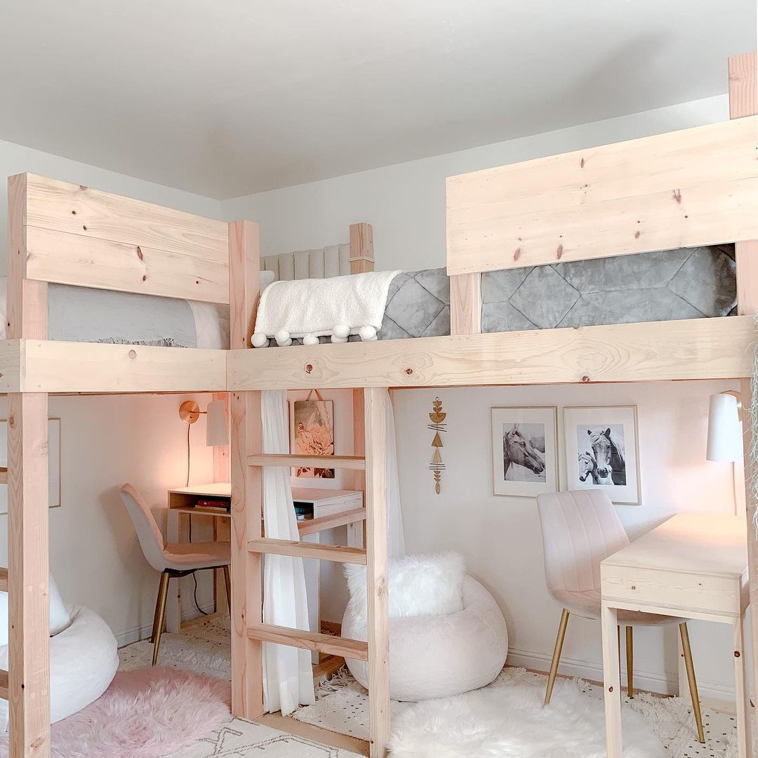 A kids' loft bedroom with homework areas