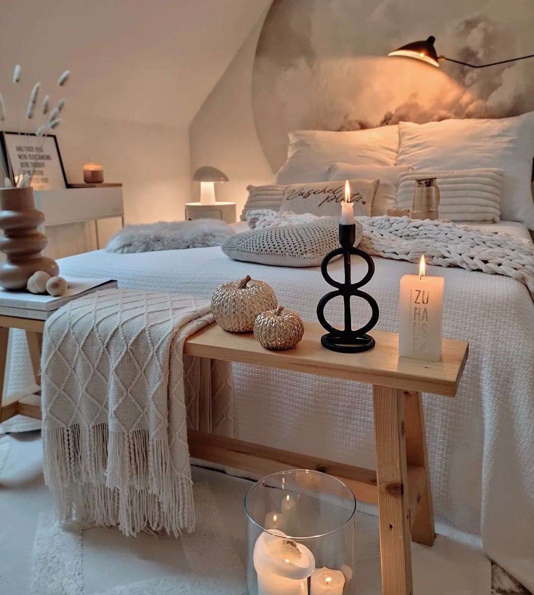 A cozy bedroom with fall decor