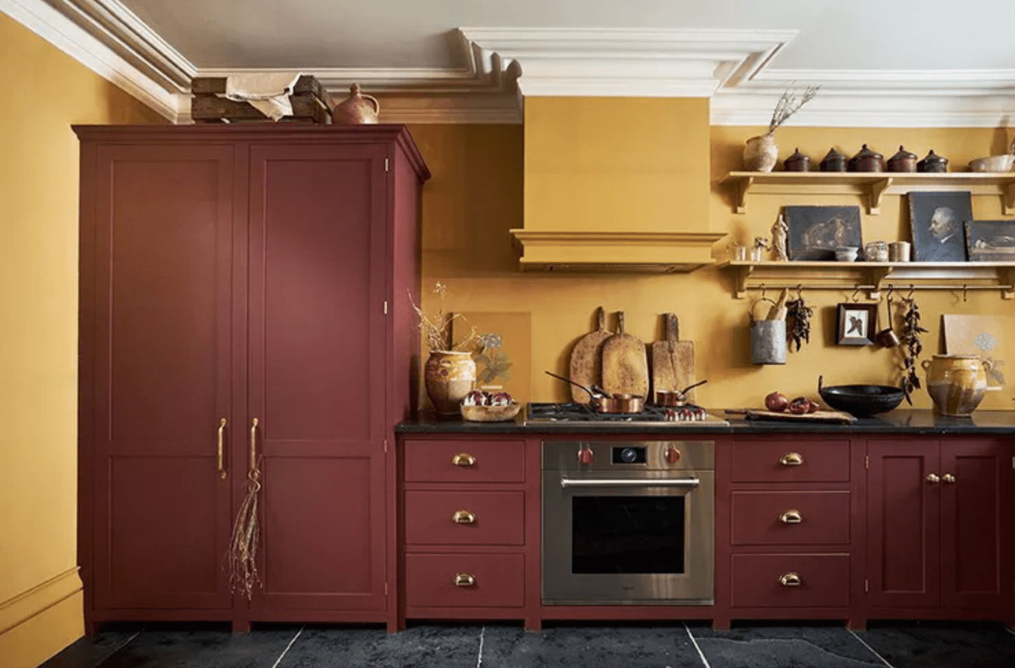 Mustard and burgundy kitchen