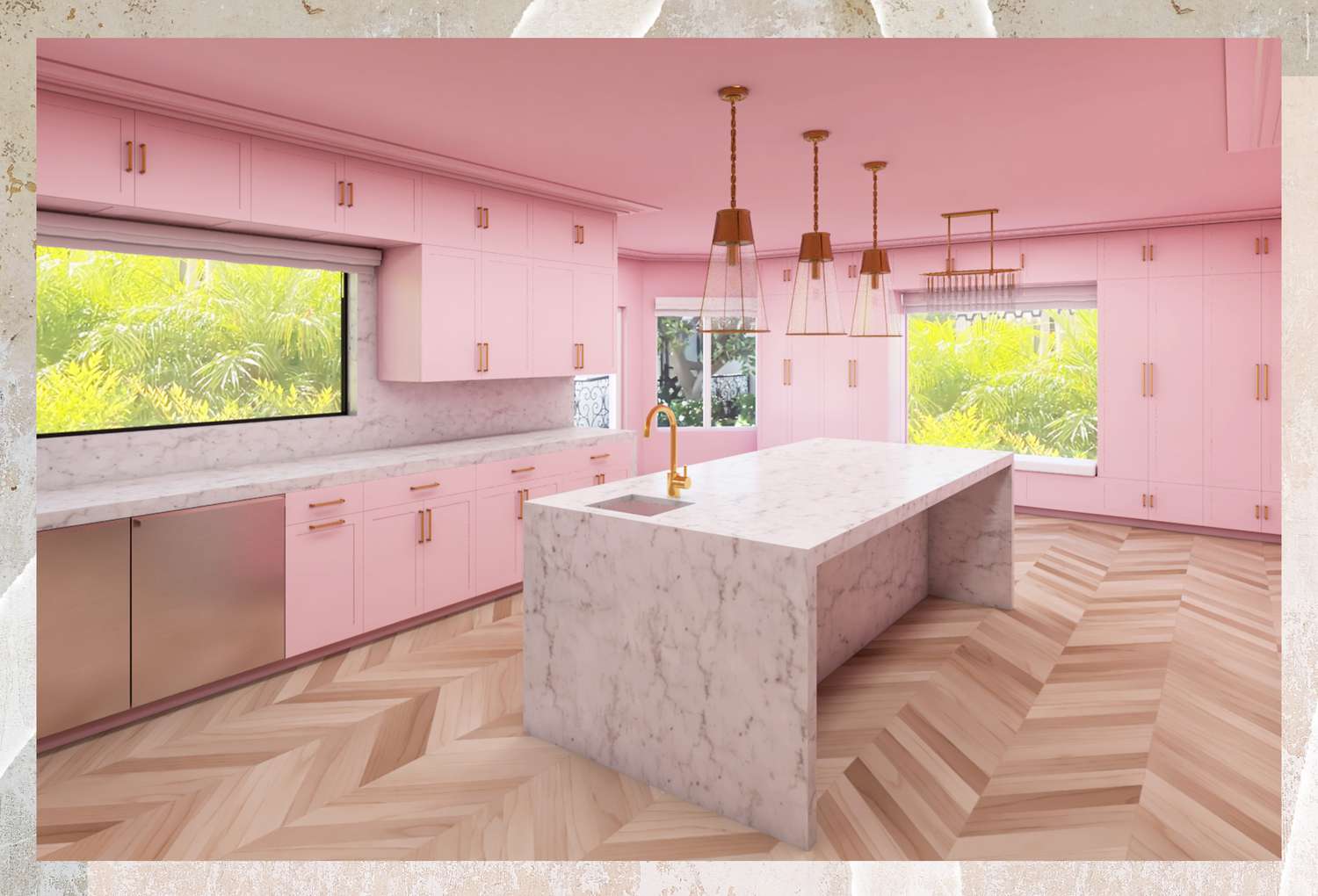 rendering of paris hilton's pink kitchen 