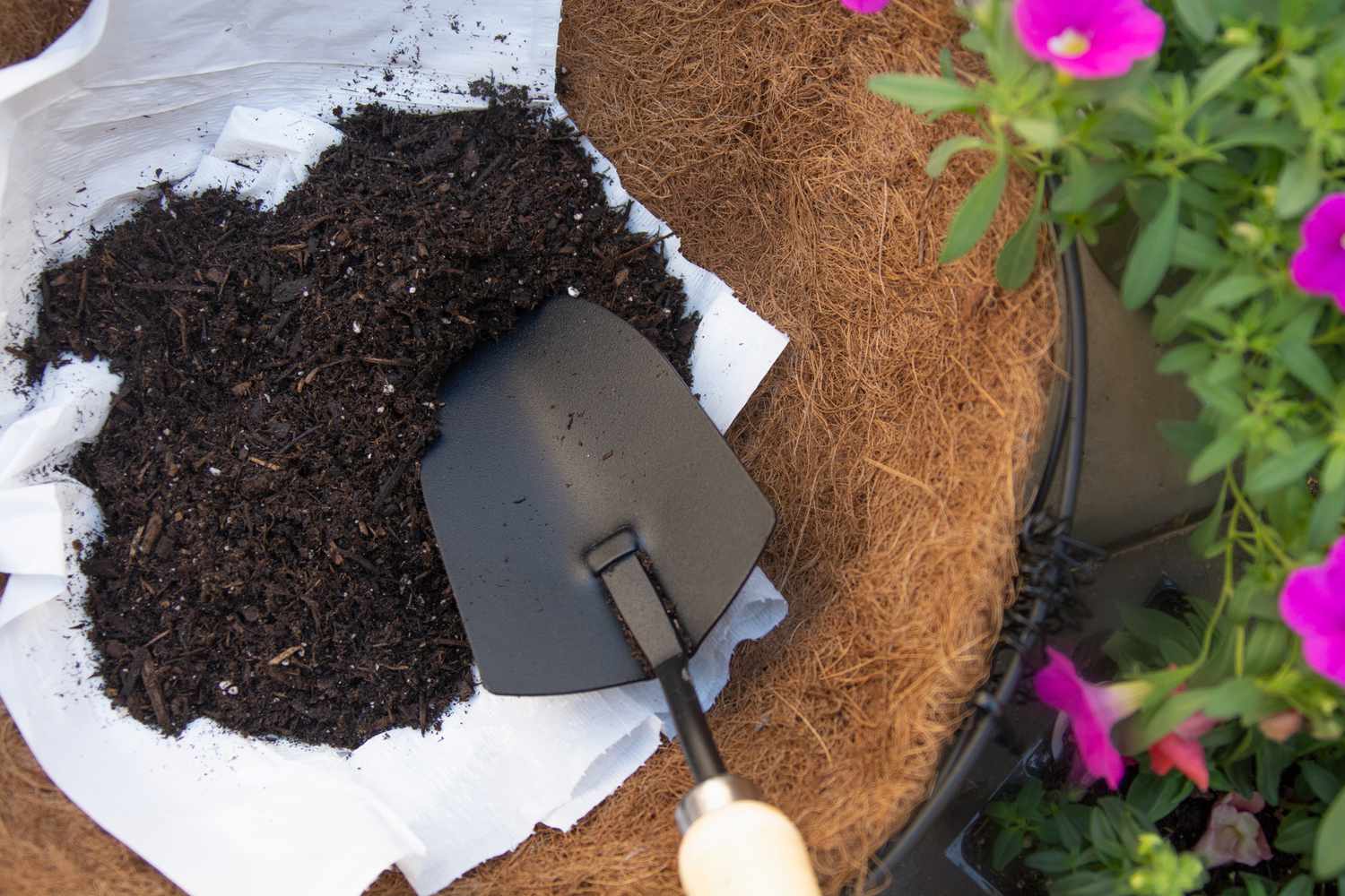 Tierra para macetas añadida encima papel desechable blanco dentro de cesta colgante forrada