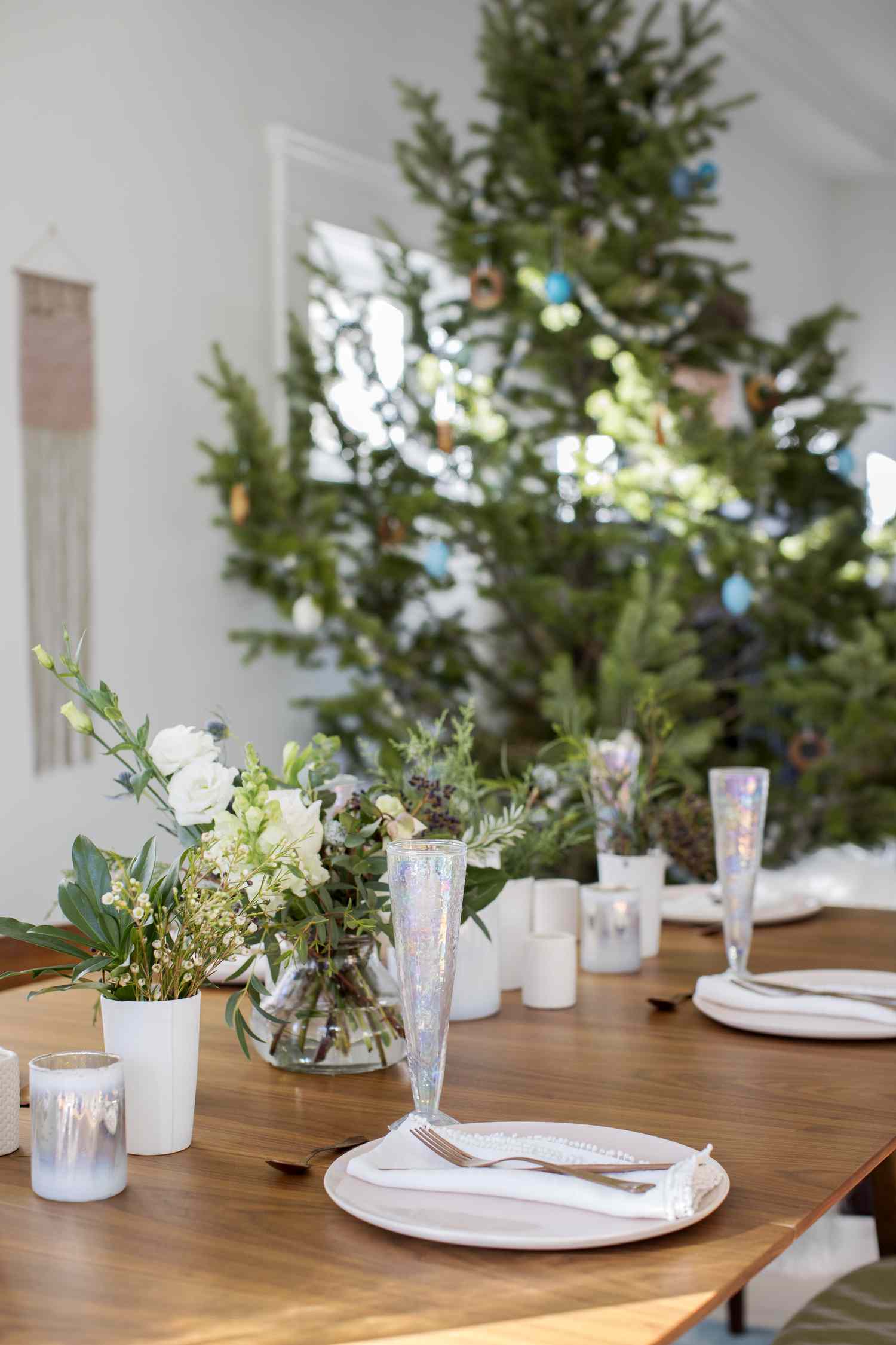 Simple white and shimmery Christmas tablescape