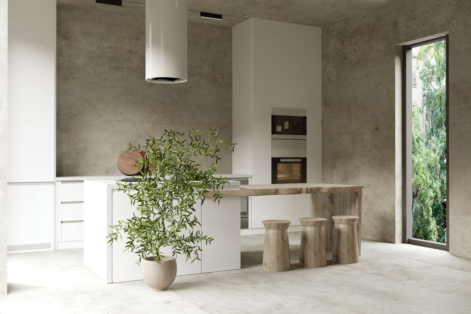 Intérieur de cuisine avec comptoir de bar en bois et mur et sol en béton
