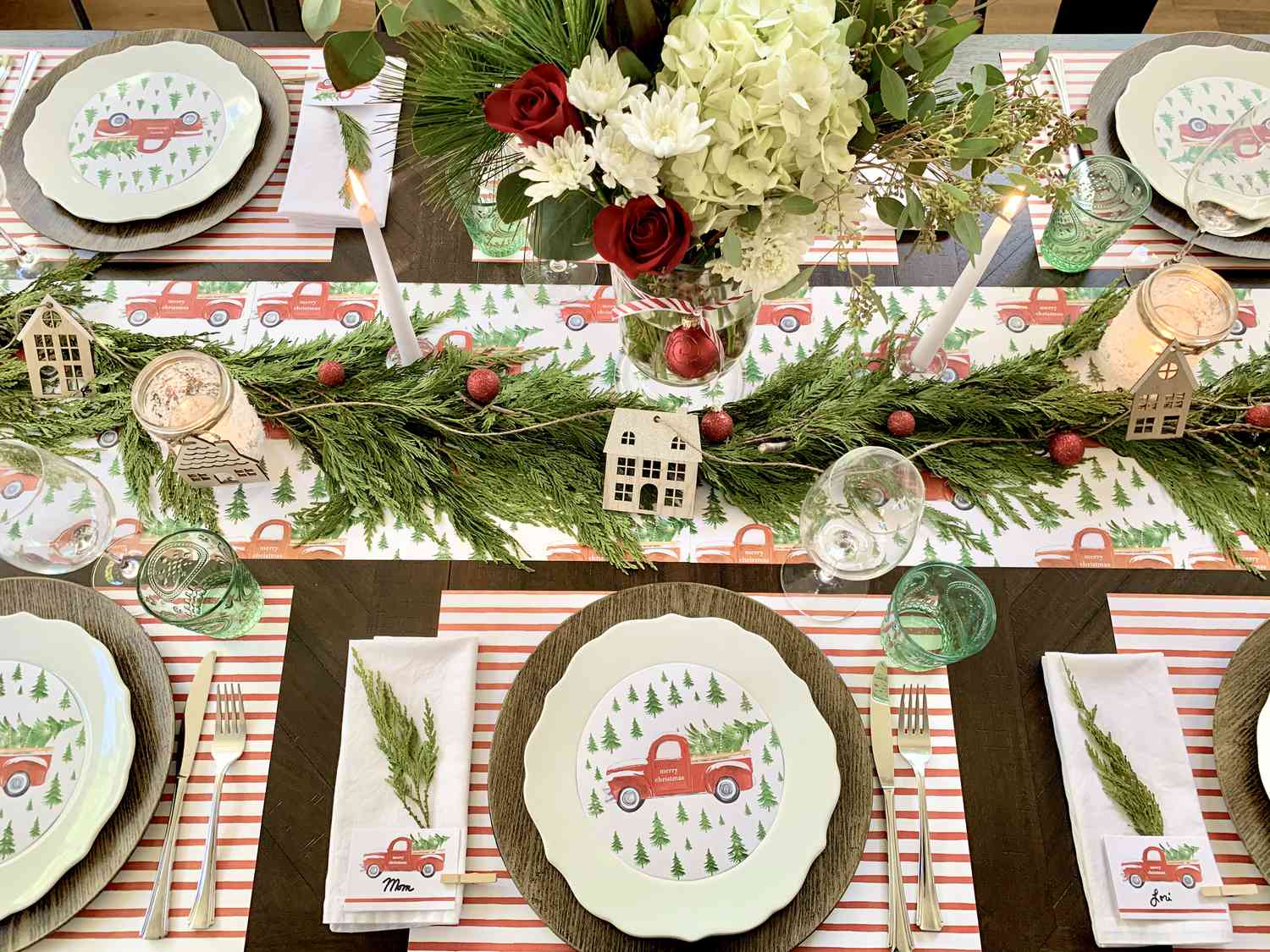 Christmas tablescape with red trucks