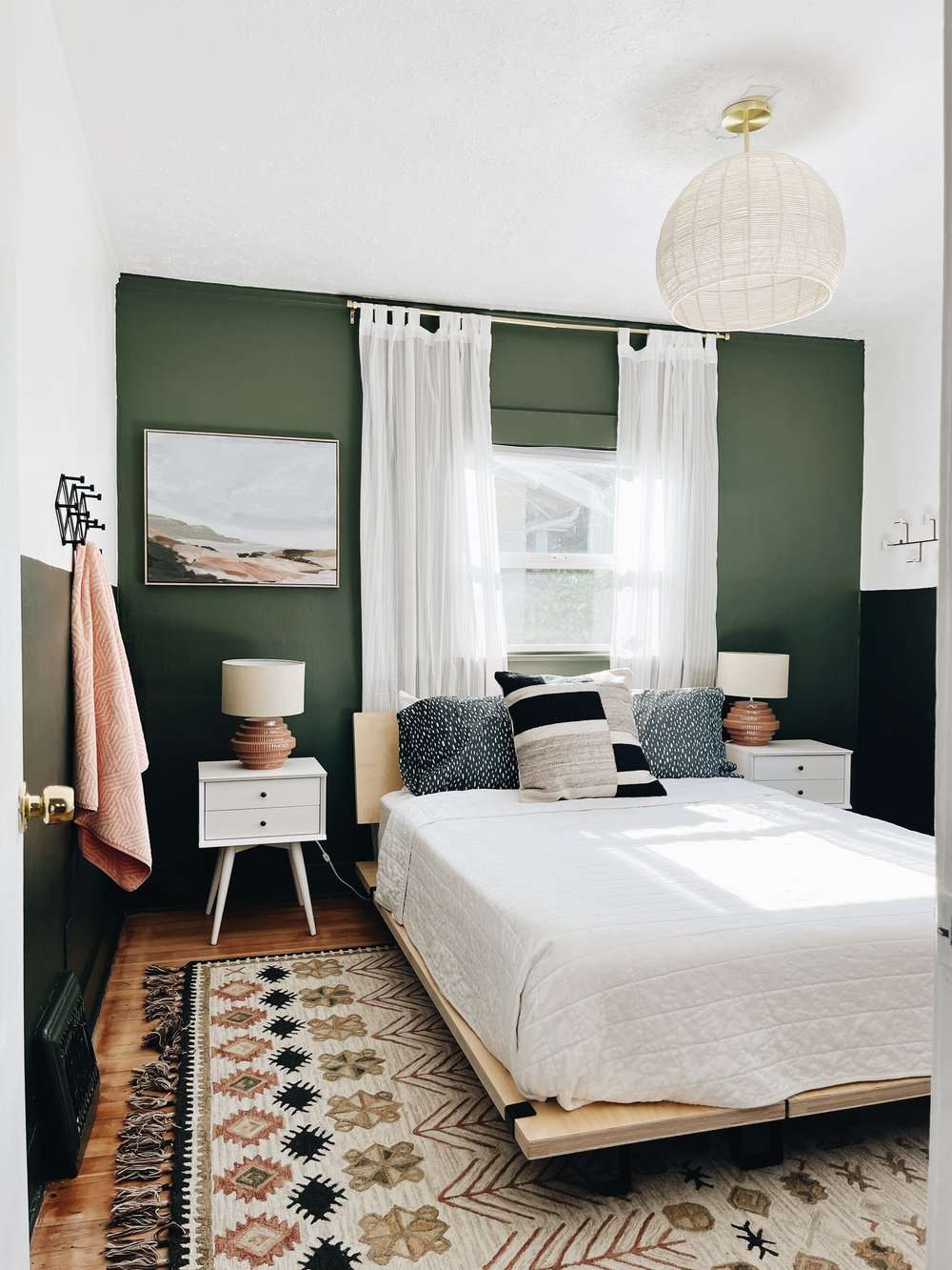 green and white bedroom