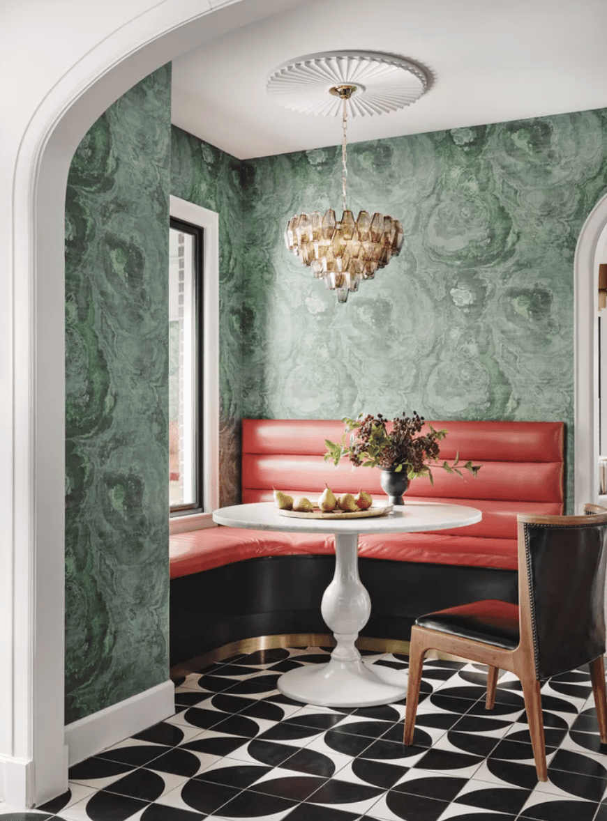 swirled wallpaper dining space