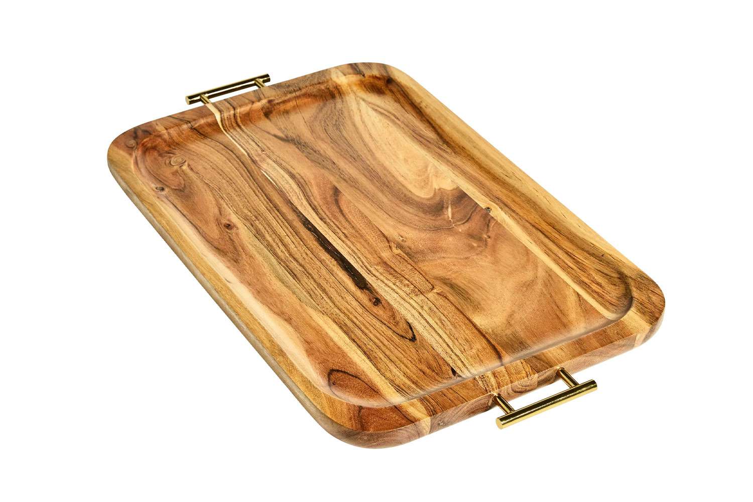 Better Homes & Gardens- Acacia Wood Rectangle Tray with Gold Color Handles