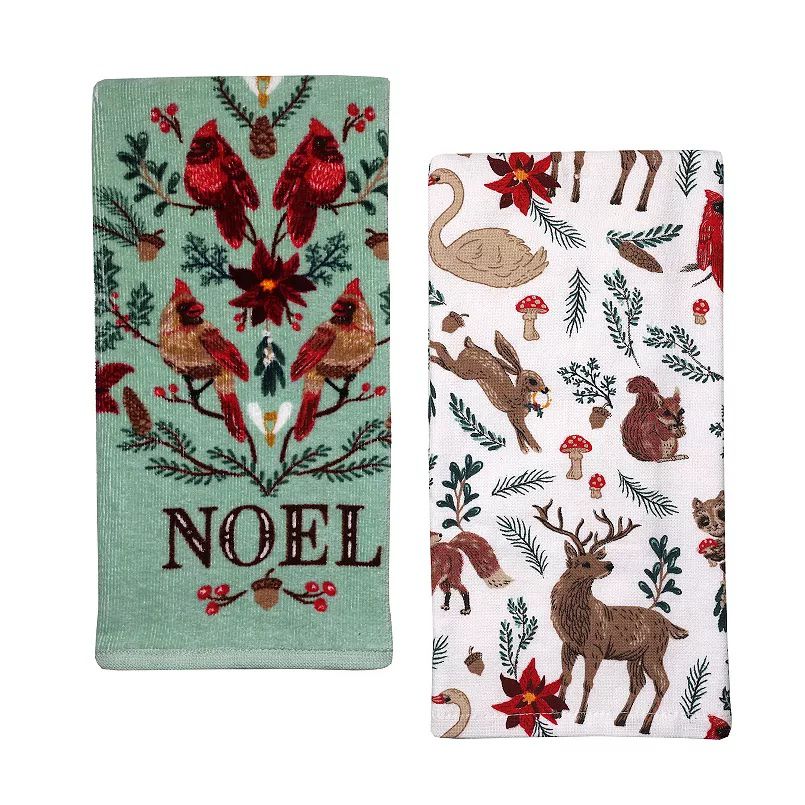Two of Kohl's holiday patterned towels displayed against a blank background