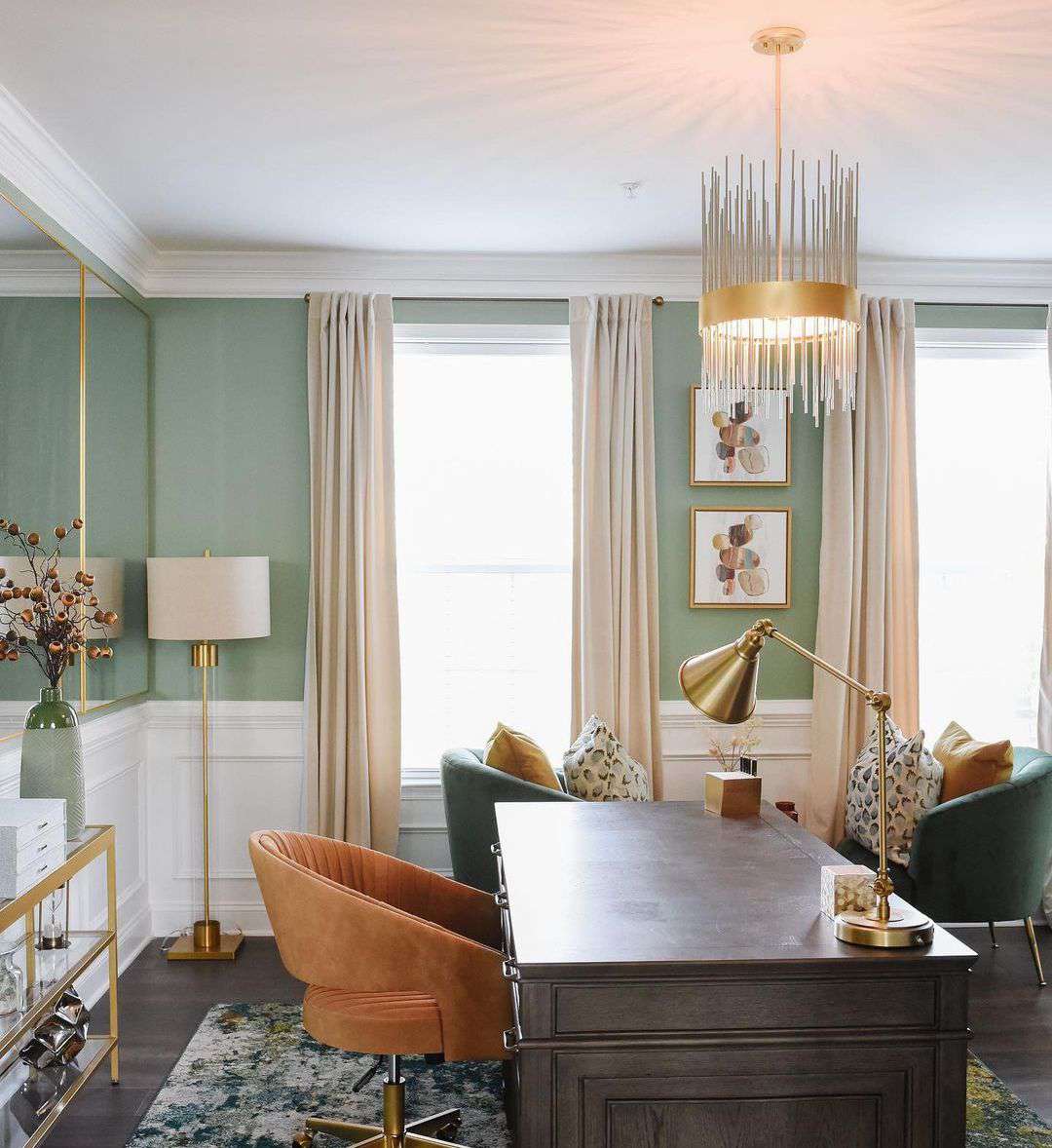 Mint green office with gold accents.