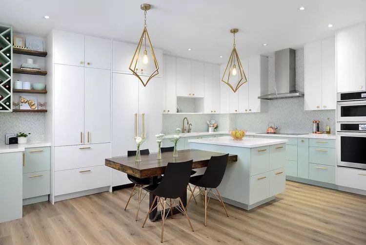 Bright white and mint green kitchen.