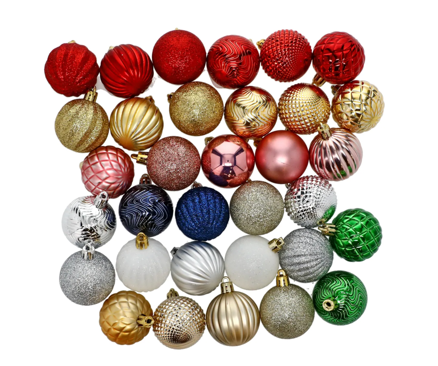 Bündel von Plastikkugel-Ornamenten in verschiedenen Formen und Farben.