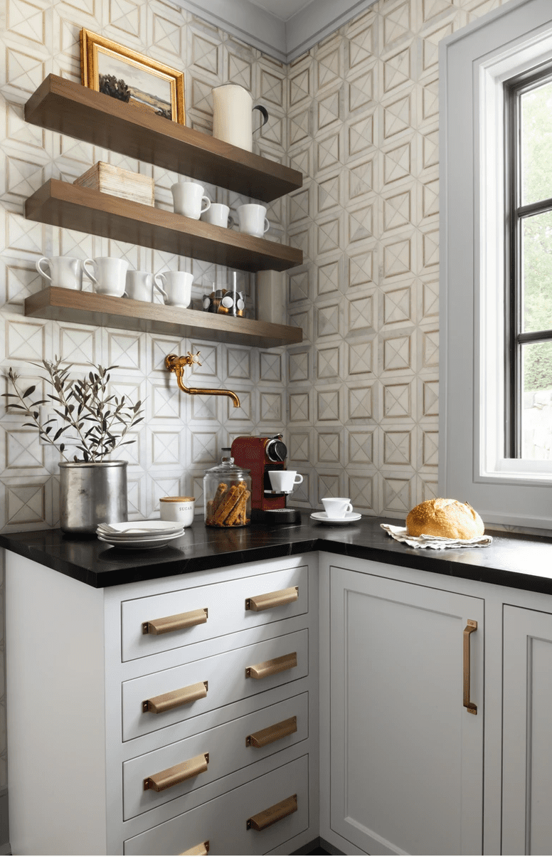 butler's pantry with wood and gold