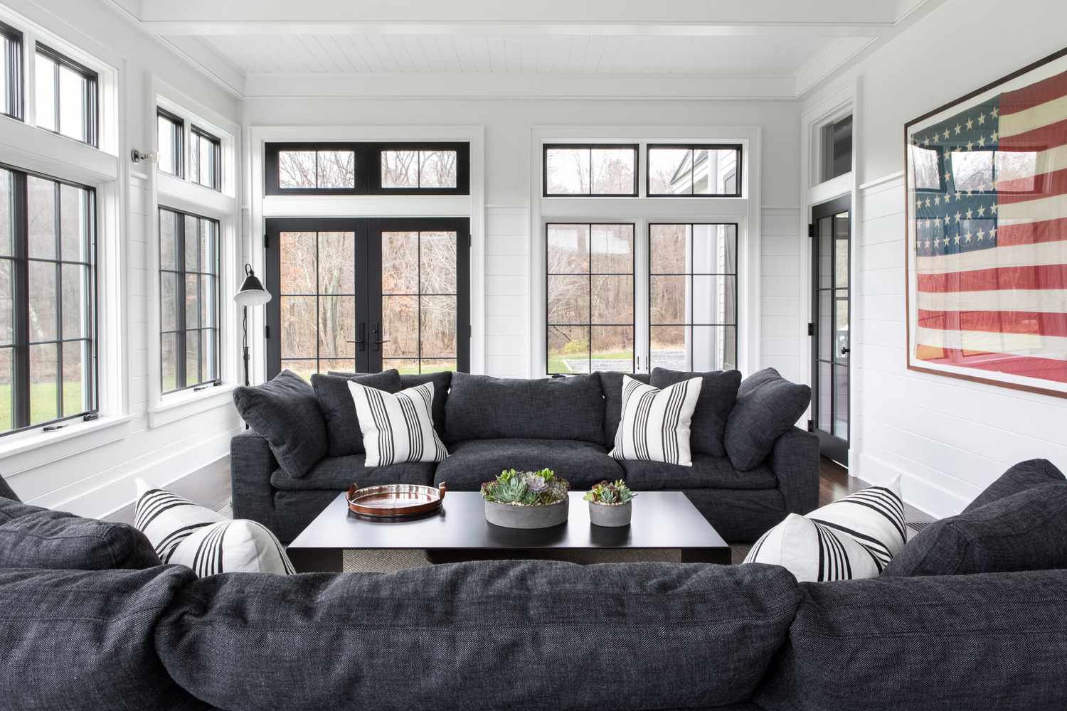 farmhouse sunroom half shiplap wall