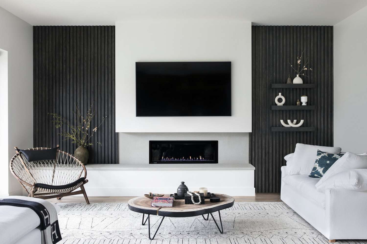 linear fireplace ideas black and white living room