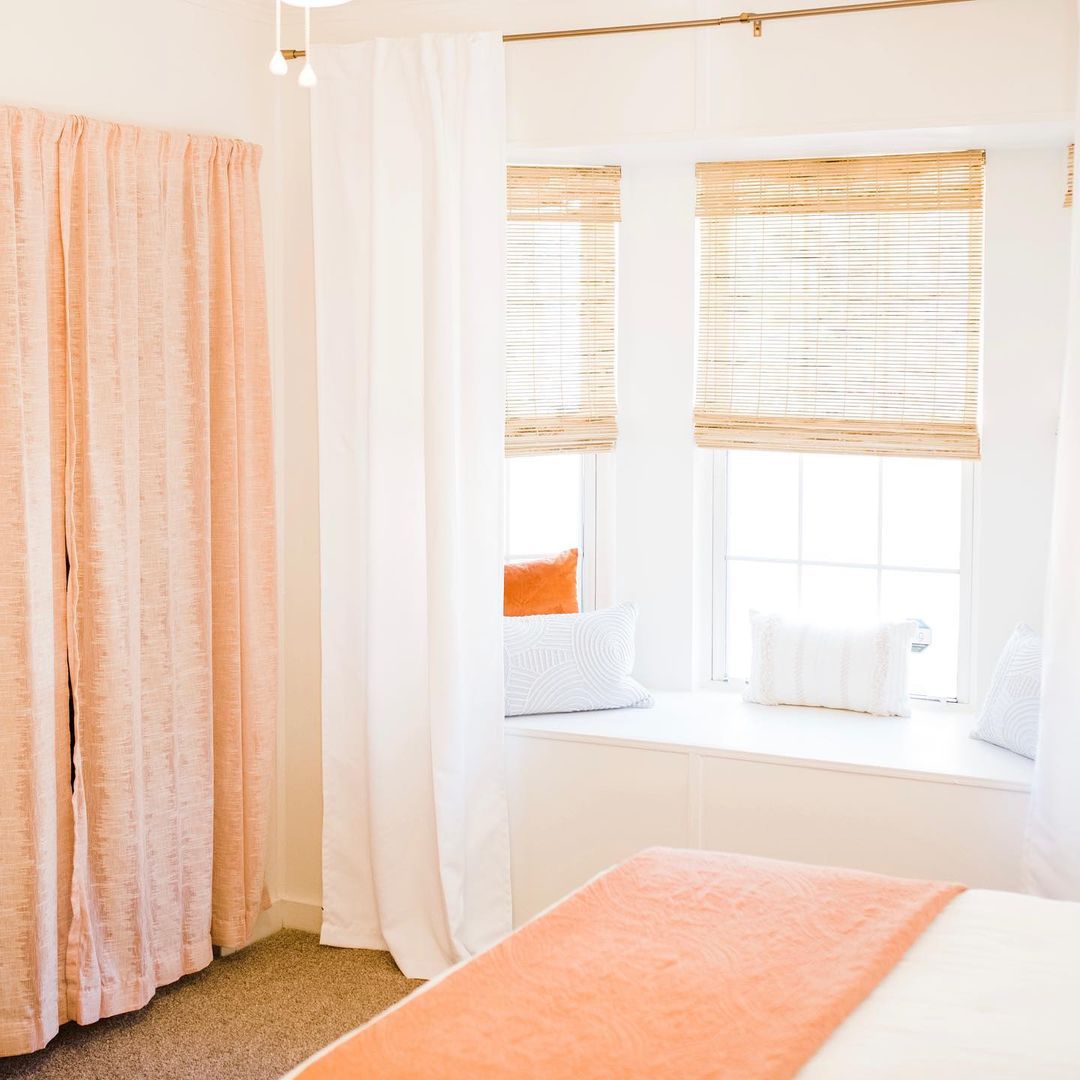 peach colored closet curtains