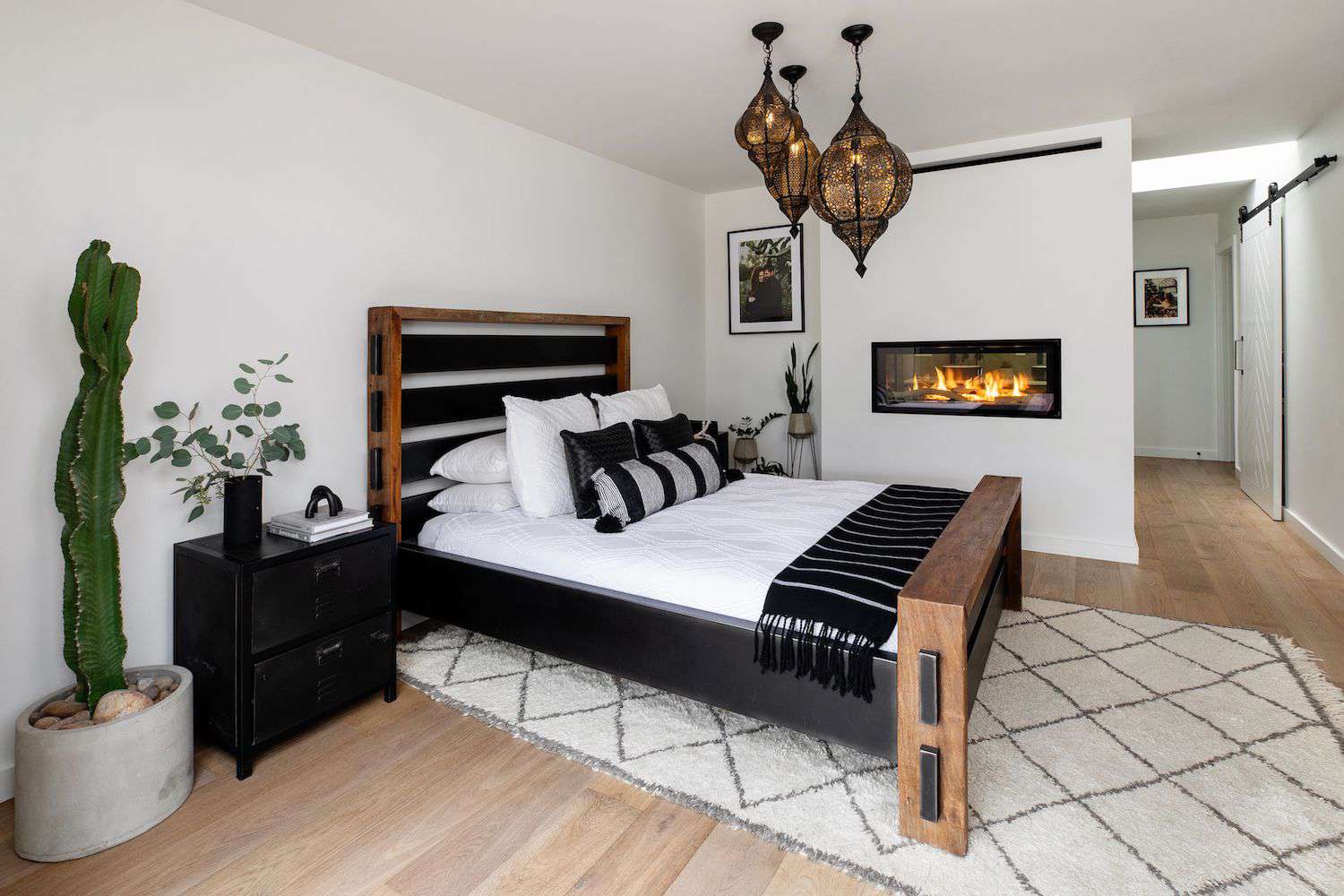 linear fireplace bedroom