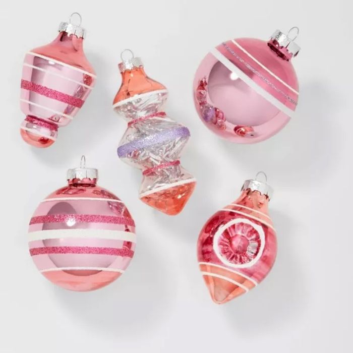 Pink striped Christmas tree ornaments.