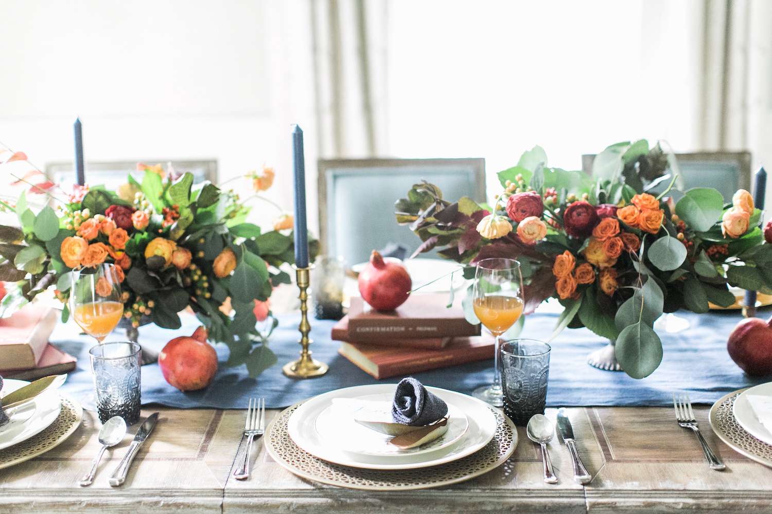 Thanksgiving table with blue accents