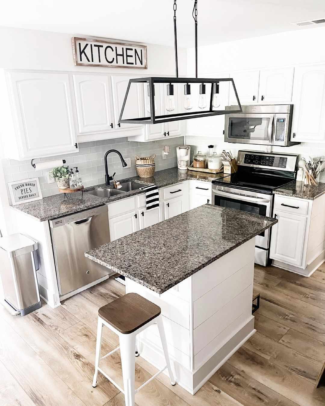 granite and gray subway tile