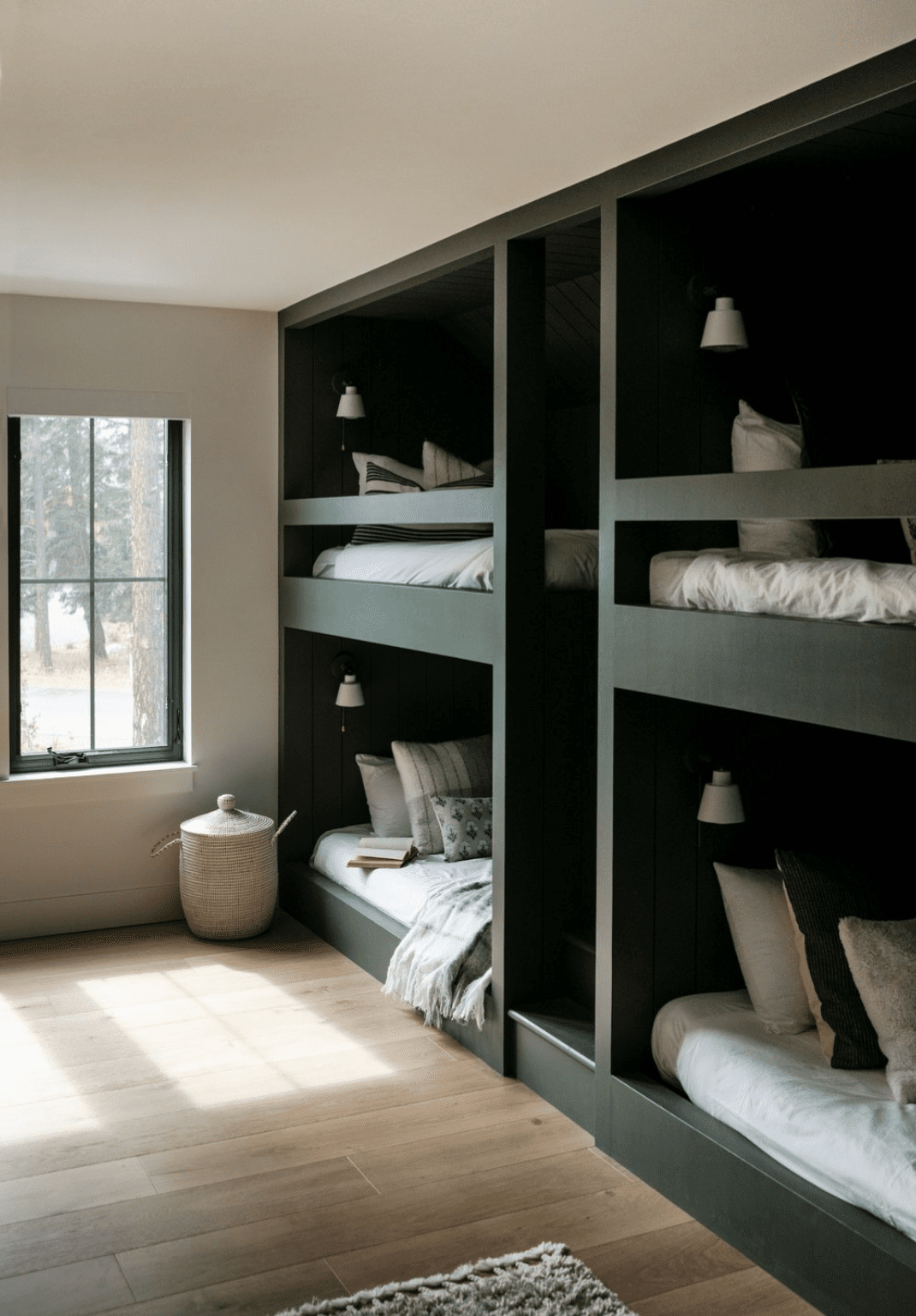 Green bunk beds in a white bedroom