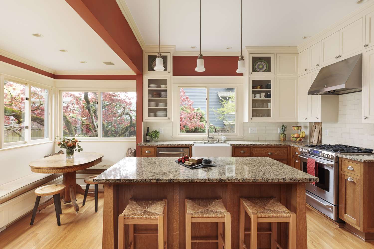 warm colored kitchen with white subway tile