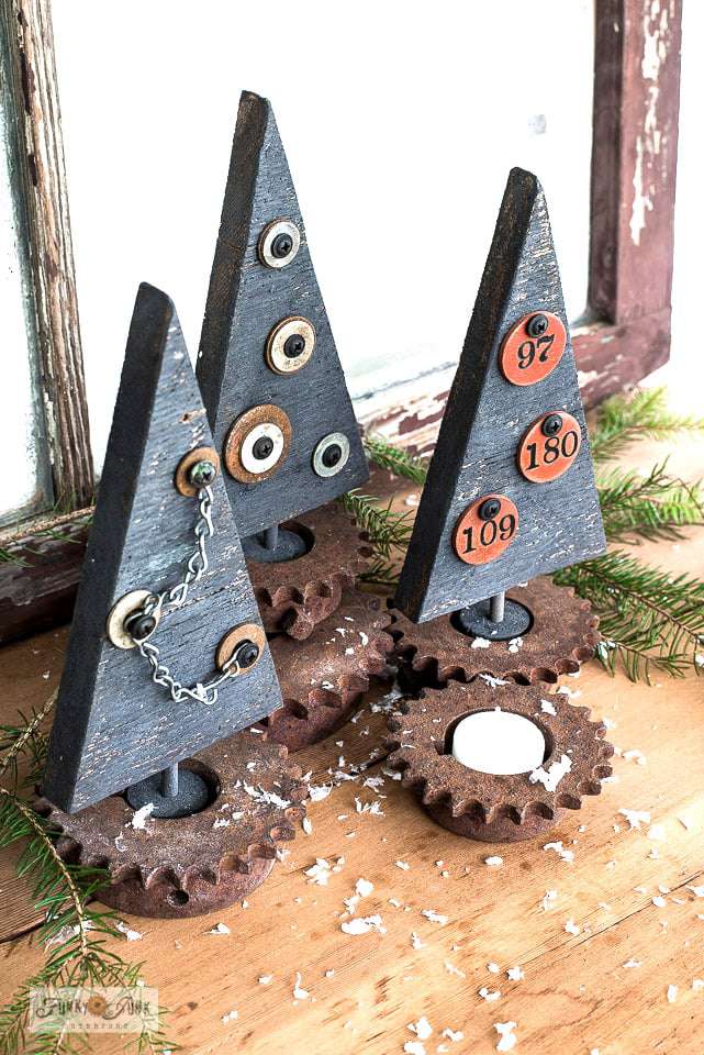 Mini árboles de Navidad de estilo industrial hechos de madera